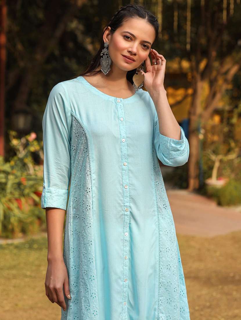 women blue schiffli embroidered a-line rayon kurta - 22316858 -  Standard Image - 1