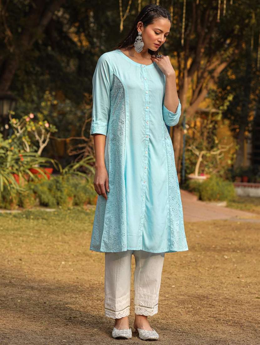 women blue schiffli embroidered a-line rayon kurta - 22316858 -  Standard Image - 4