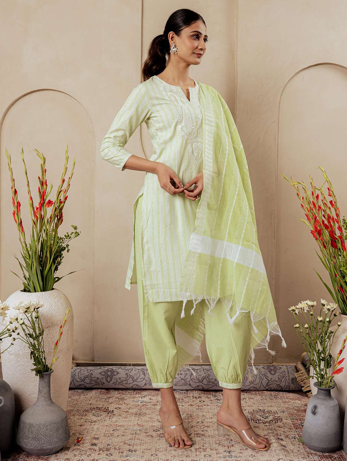 women striped three quarter sleeve dhoti kurta with dupatta set - 22316859 -  Standard Image - 1