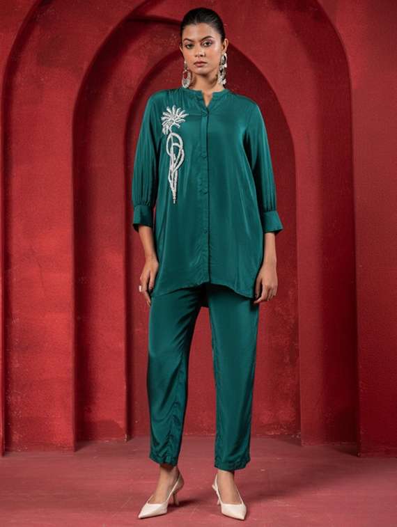 women solid with work three quarter sleeve sleeve ethnic co-ord set