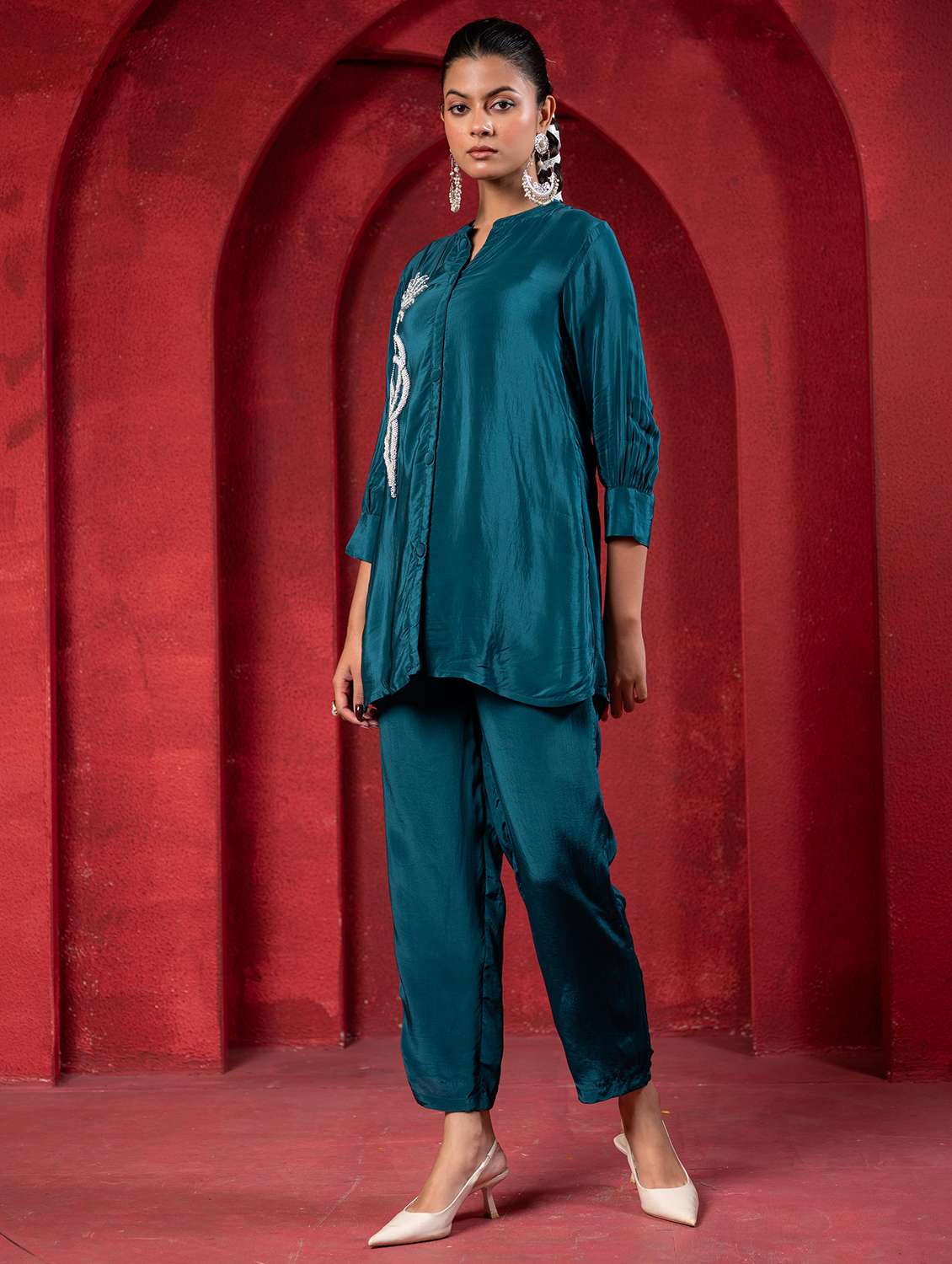 women solid with work bishop sleeve ethnic co-ord set - 22316865 -  Standard Image - 1