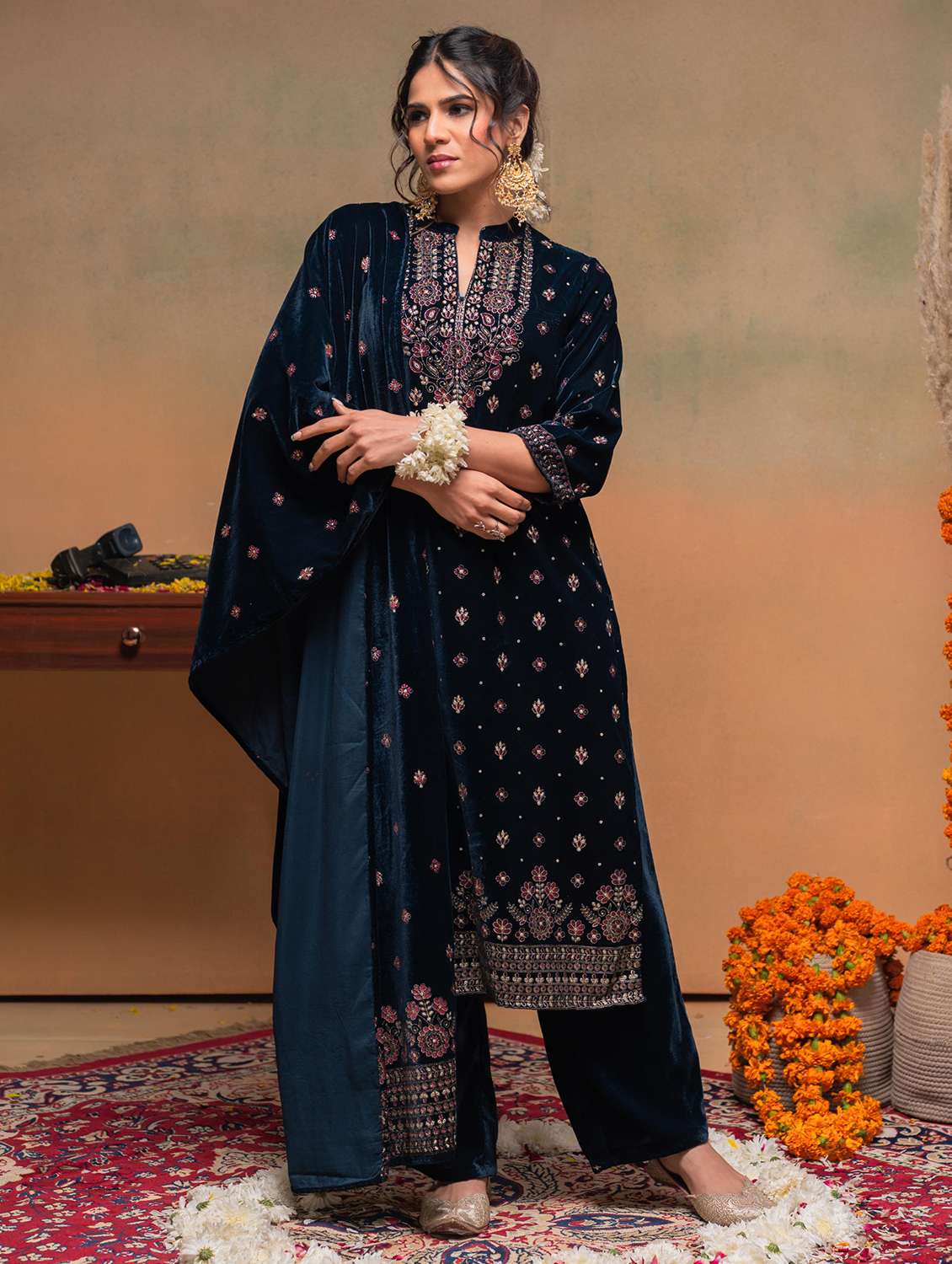 women solid with work mandarin neck kurta pant with dupatta set - 22316882 -  Standard Image - 1