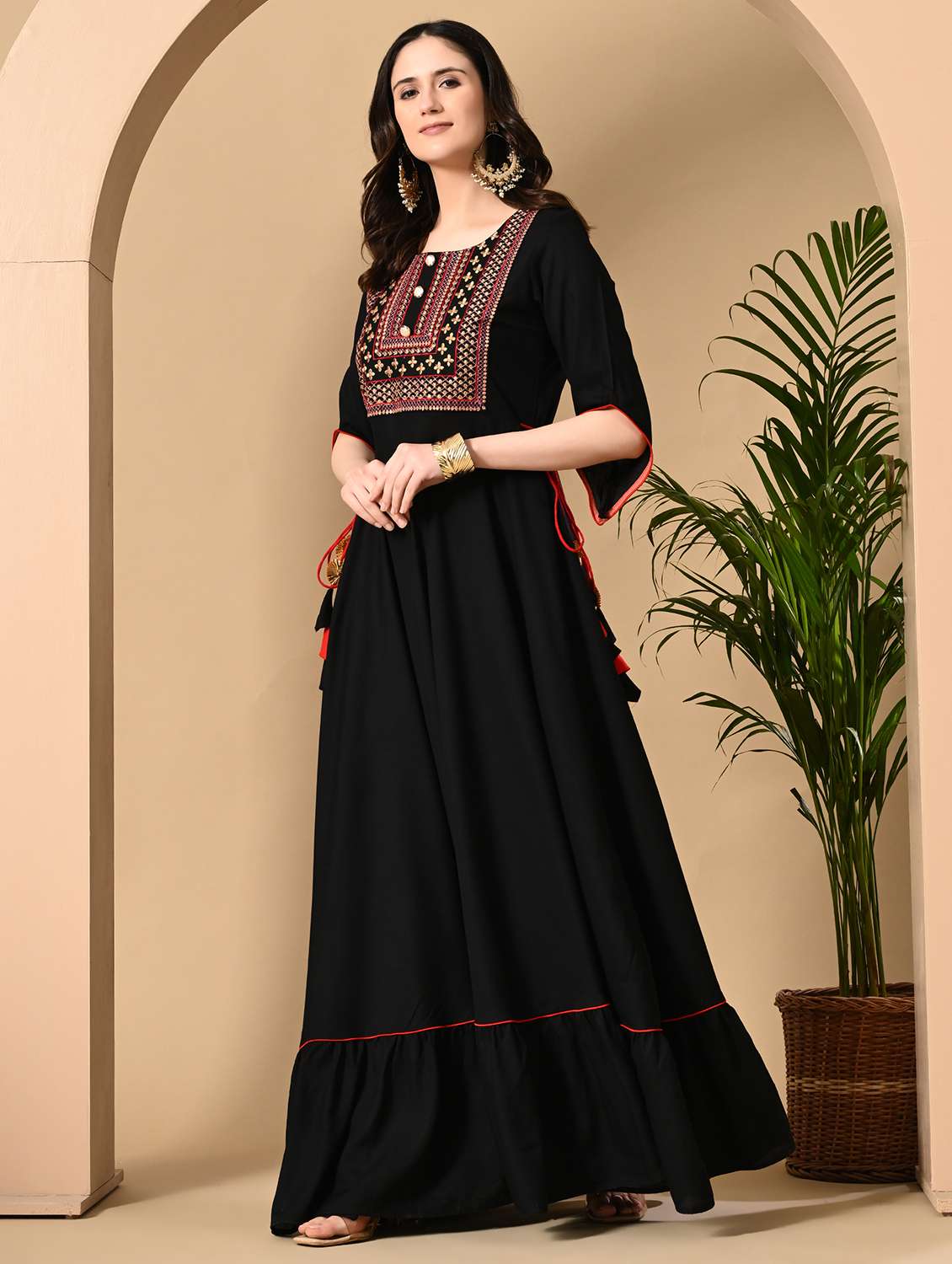women solid with work three quarter sleeve ethnic dress - 22316899 -  Standard Image - 1