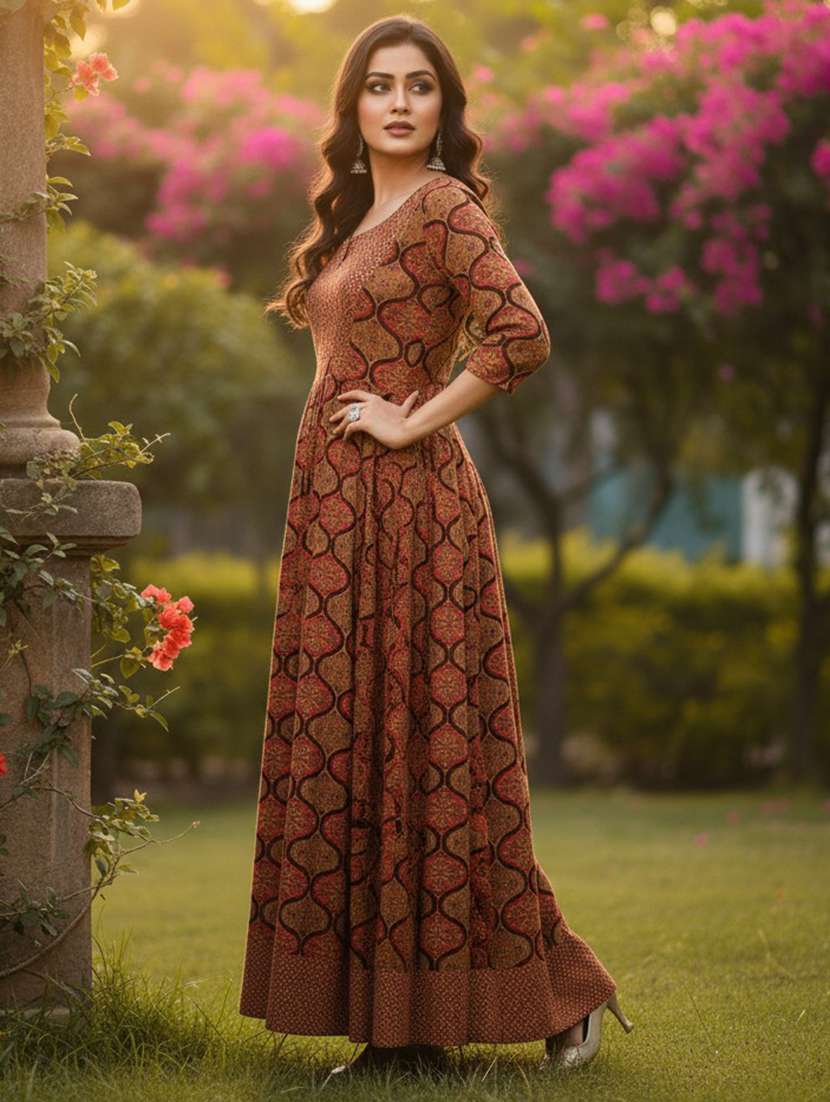 women printed three quarter sleeve ethnic dress - 22316900 -  Standard Image - 1