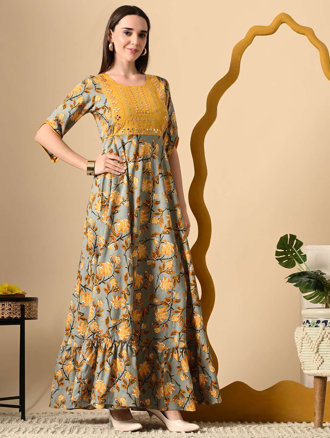 women floral printed three quarter sleeve ethnic dress - 22316903 -  Standard Image - 1