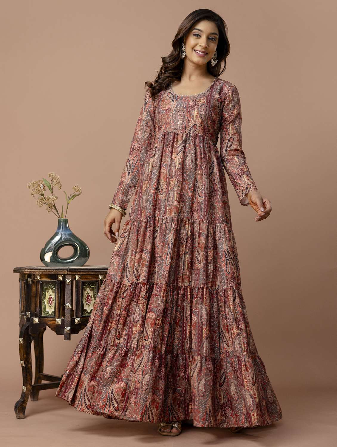 women paisley printed long sleeve ethnic dress - 22316904 -  Standard Image - 1