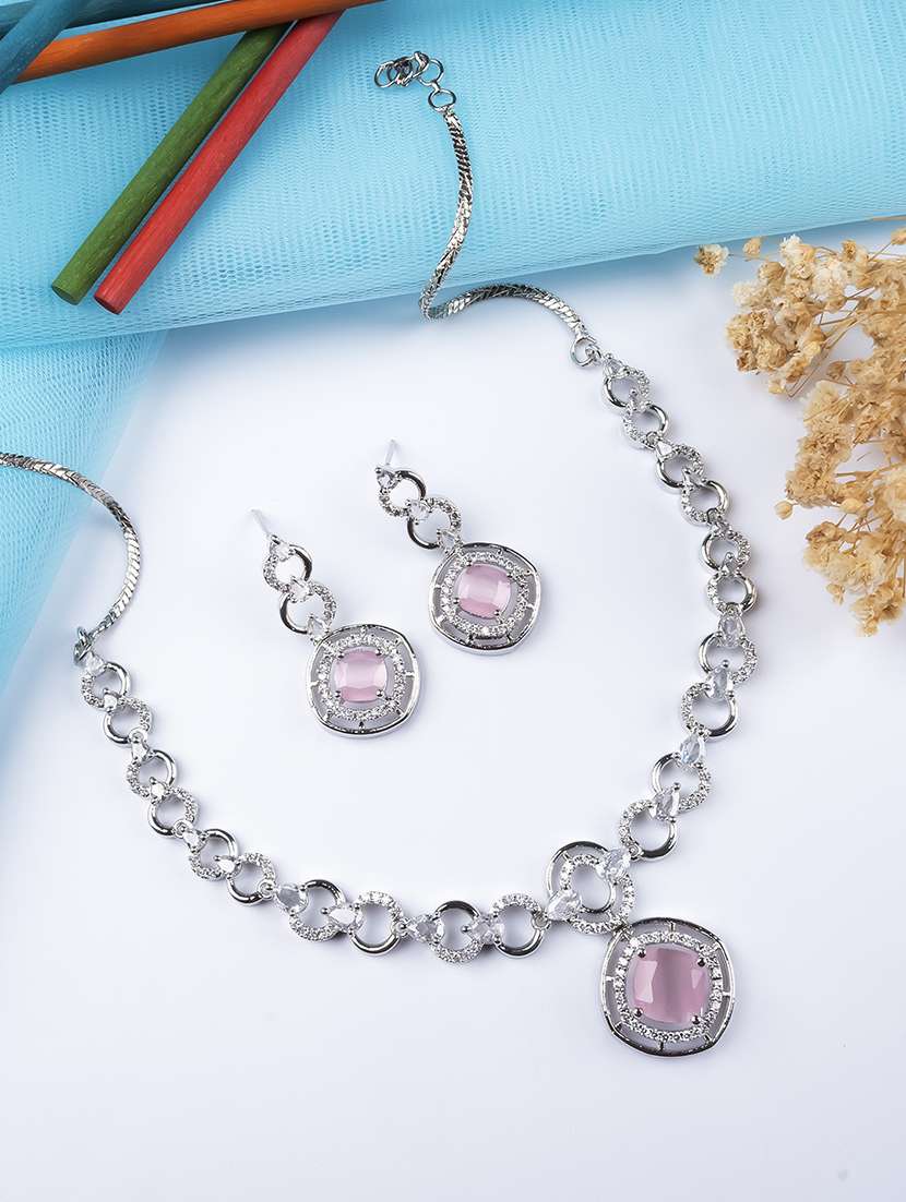 women pink brass necklace necklace and earring set