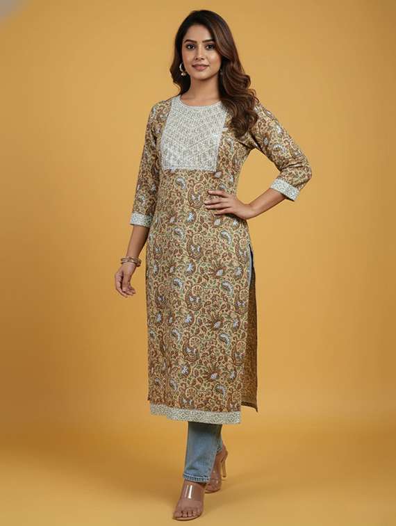 women printed three quarter sleeve straight kurta