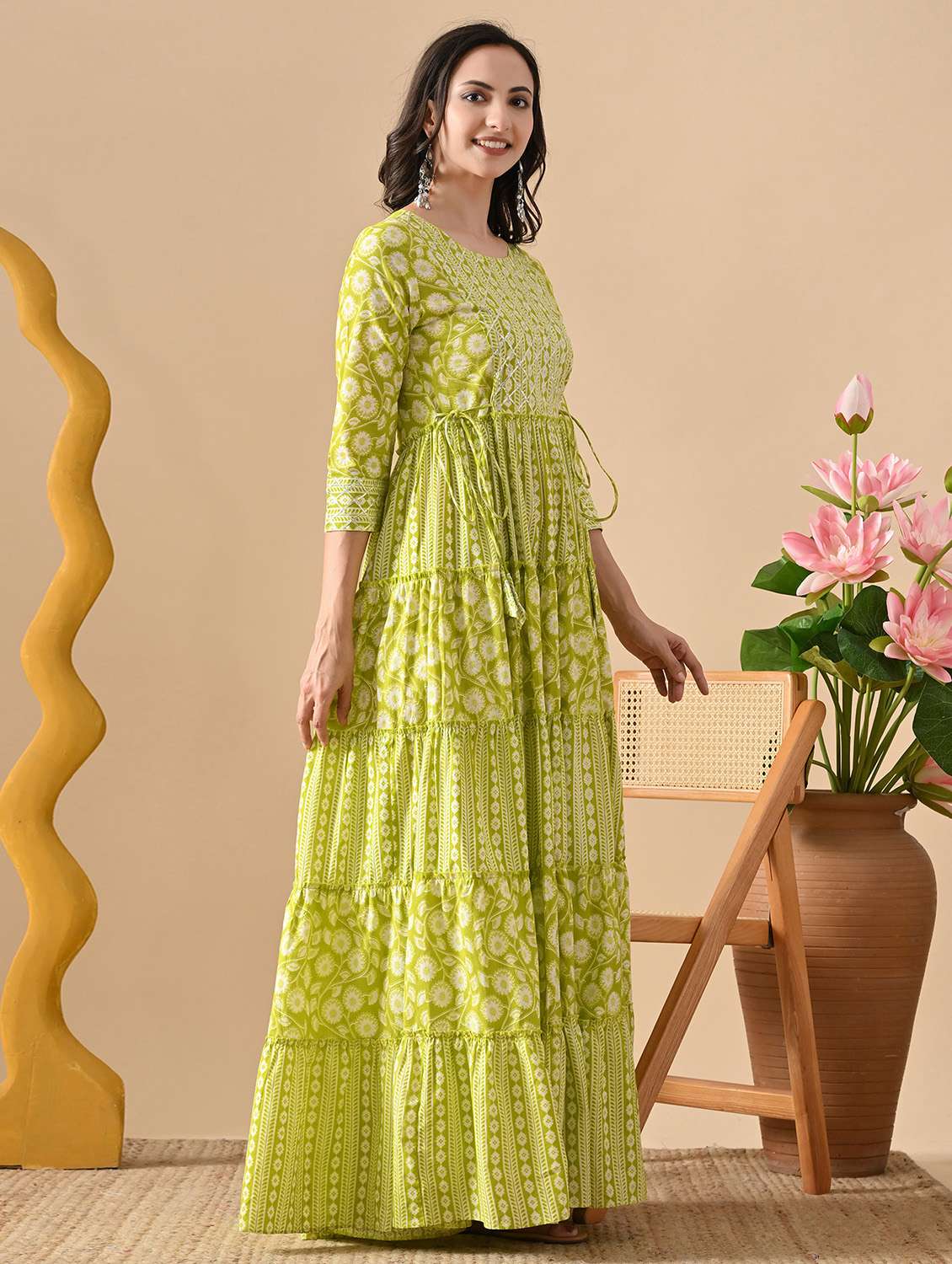 women printed three quarter sleeve ethnic dress - 22316977 -  Standard Image - 1