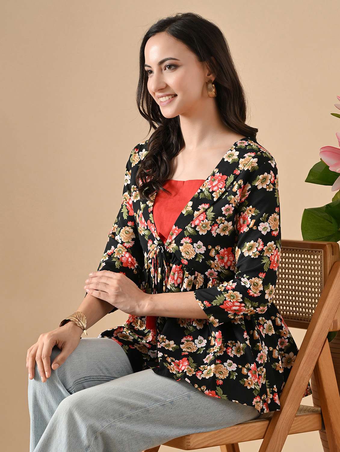 women floral three quarter sleeve ethnic top - 22316979 -  Standard Image - 1