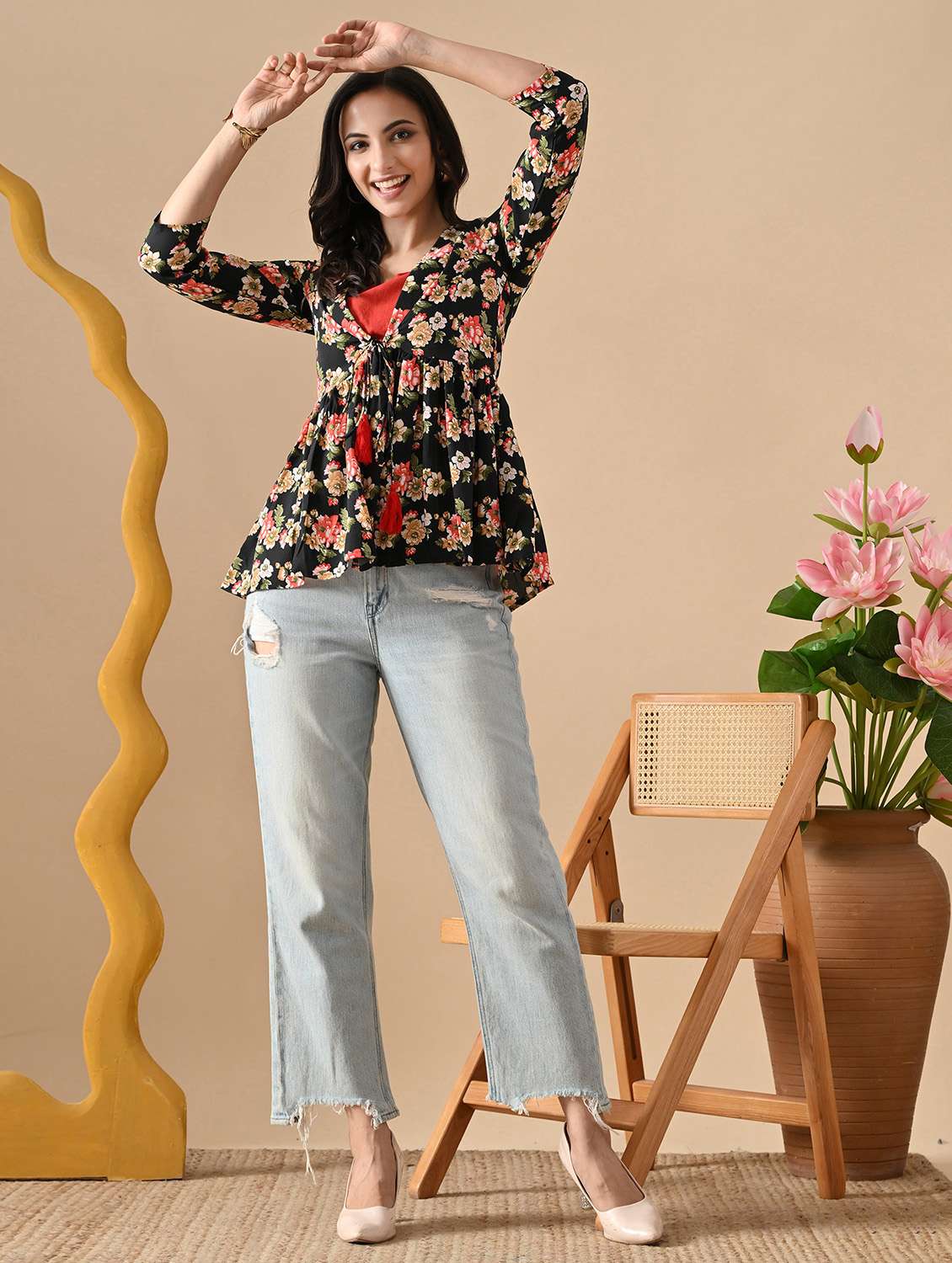 women floral three quarter sleeve ethnic top - 22316979 -  Standard Image - 4