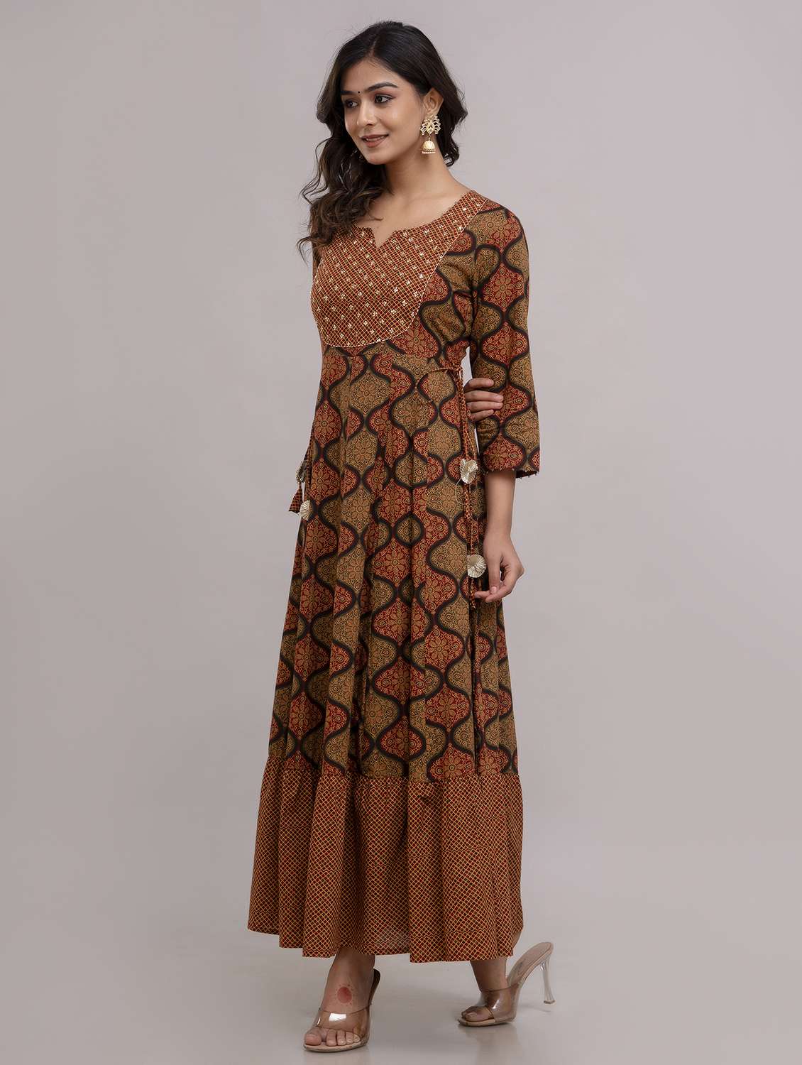 women printed three quarter sleeve ethnic dress - 22316980 -  Standard Image - 1
