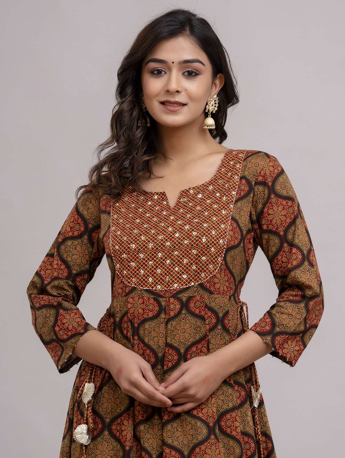 women printed three quarter sleeve ethnic dress - 22316980 -  Standard Image - 4