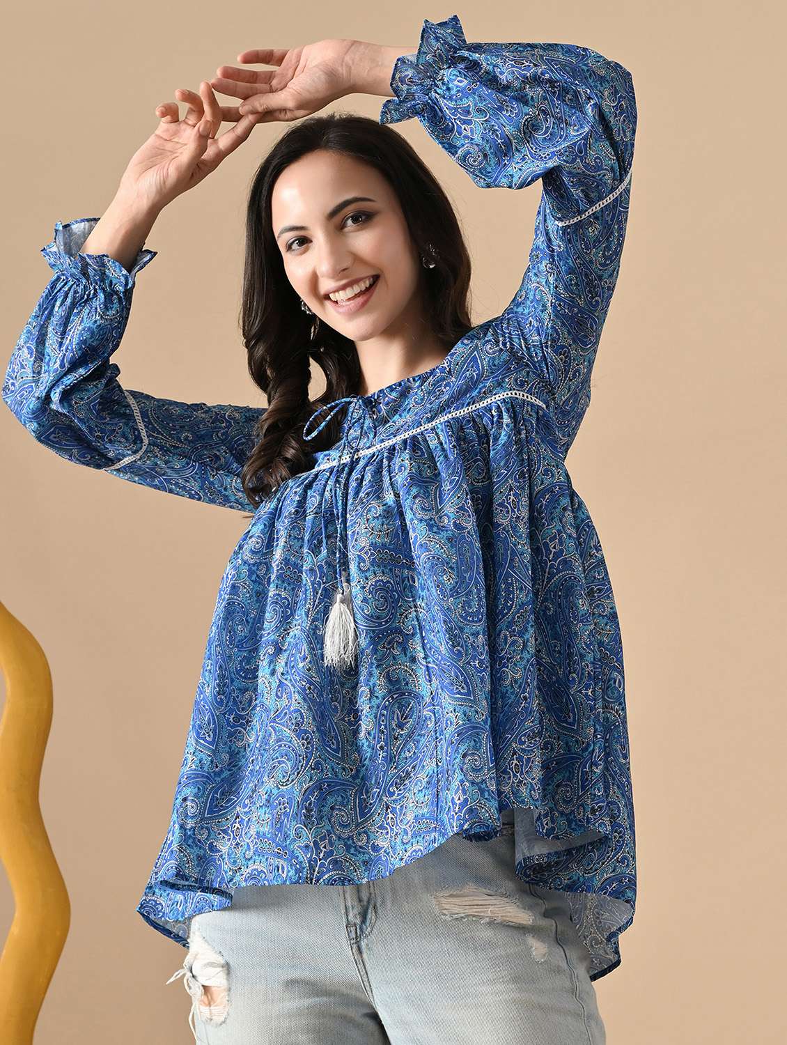 women paisley printed bishop sleeve ethnic top - 22316981 -  Standard Image - 1