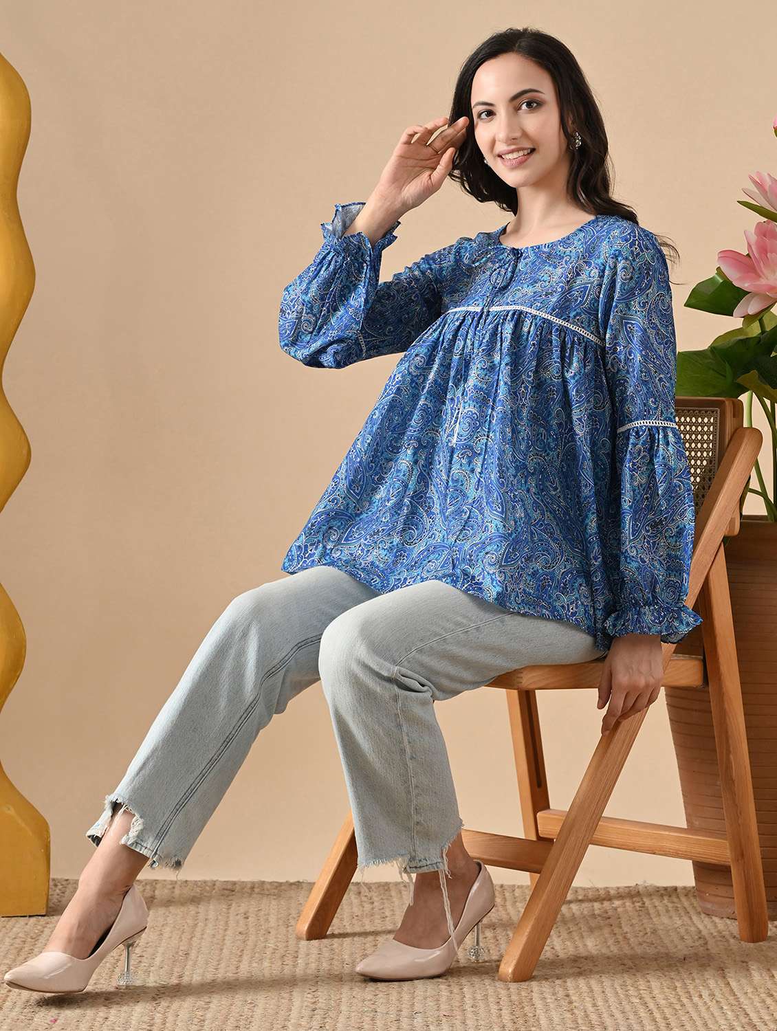 women paisley printed bishop sleeve ethnic top - 22316981 -  Standard Image - 4