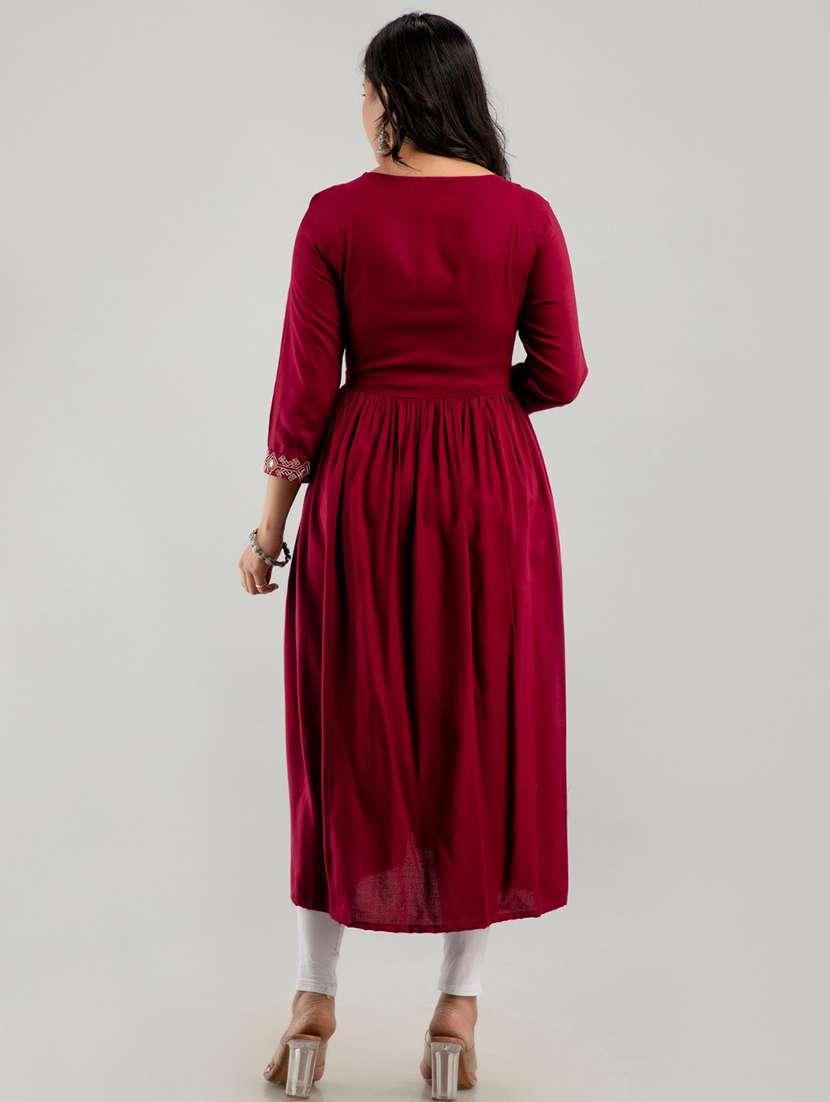 women solid with work three quarter sleeve a-line kurta - 22316982 -  Standard Image - 4