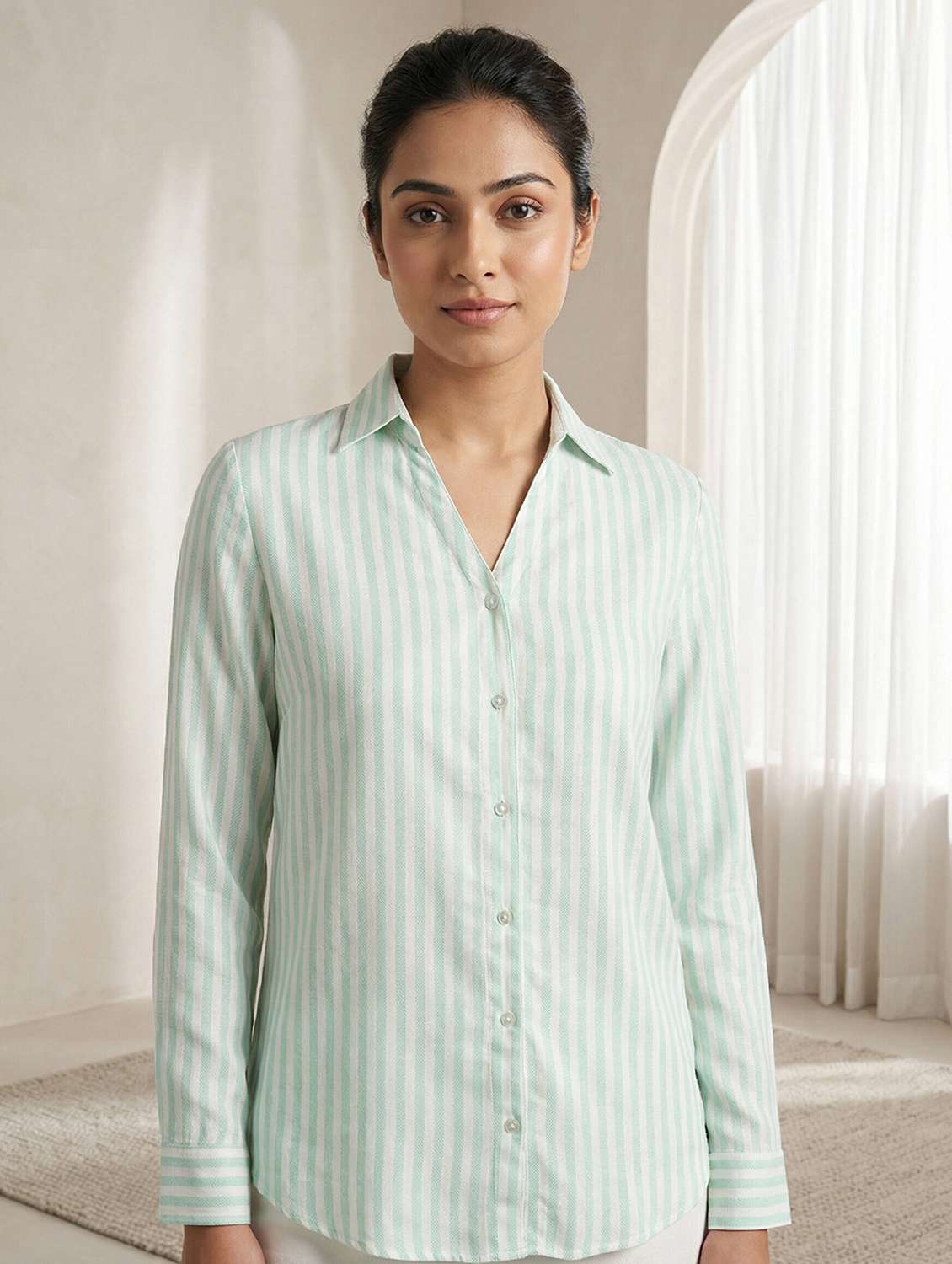 women striped collared long sleeve shirt - 22317013 -  Standard Image - 1