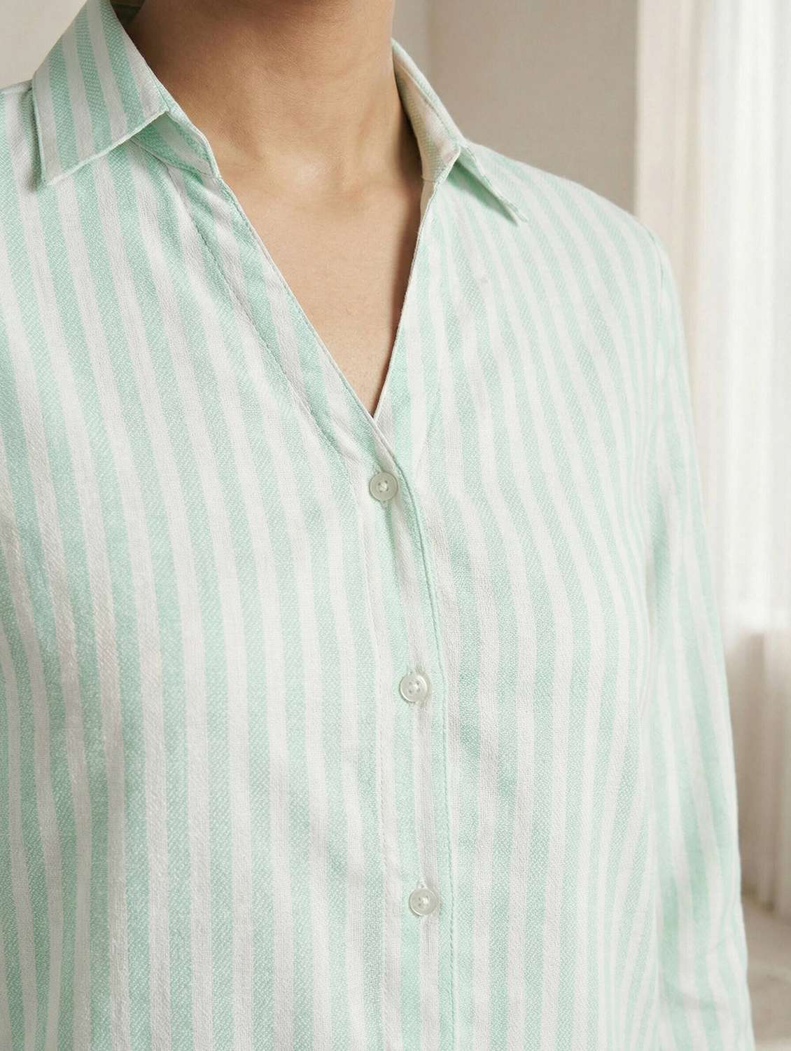 women striped collared long sleeve shirt - 22317013 -  Standard Image - 4
