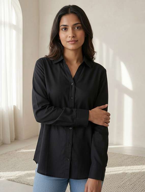 women solid collared long sleeve shirt