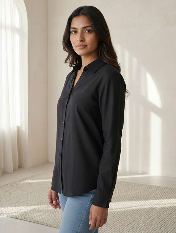 women solid collared long sleeve shirt - 22317014 -  Standard Image - 1