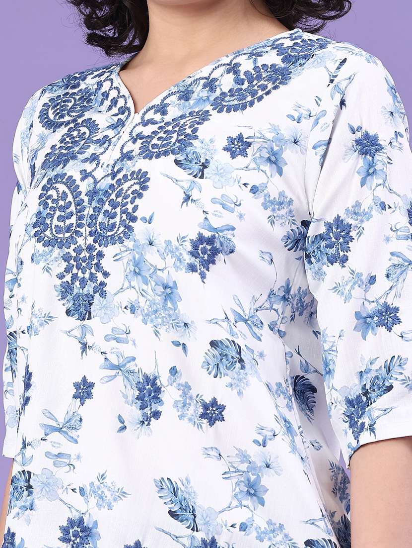 women floral three quarter sleeve straight kurti - 22317111 -  Standard Image - 1