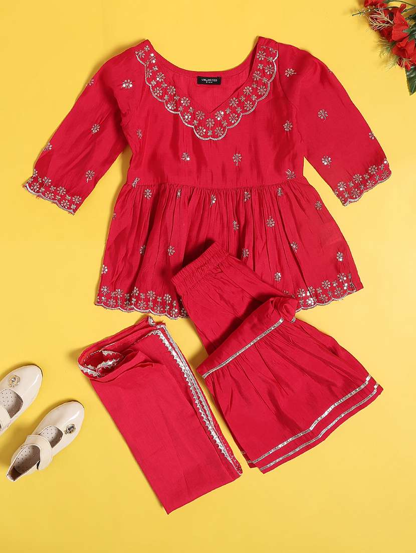 girls embroidered three quarter sleeve kurta sharara with dupatta set - 22317380 -  Standard Image - 1