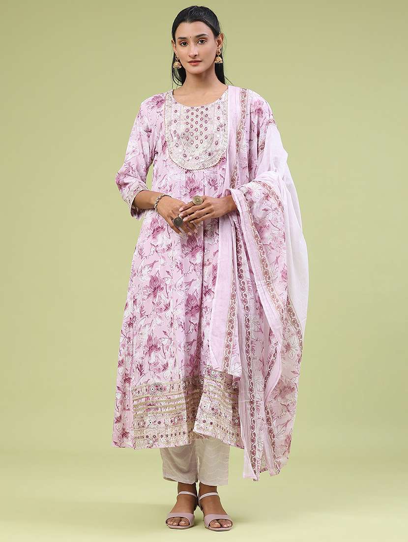 women floral three quarter sleeve kurta pant with dupatta set