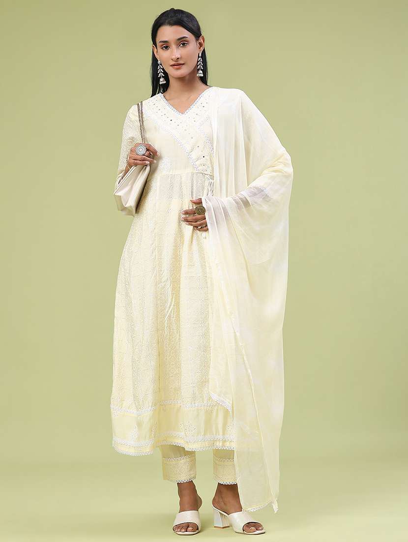 women solid with work three quarter sleeve kurta pant with dupatta set - 22317413 -  Standard Image - 1