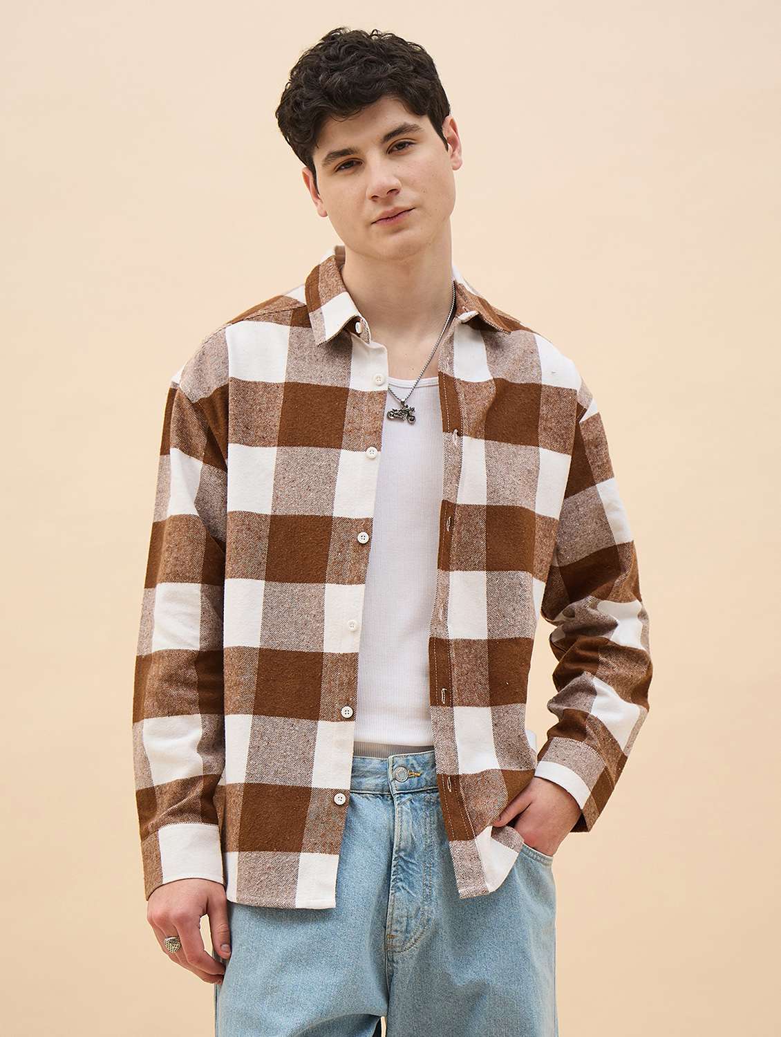 men checkered long sleeve oversized casual shirt - 22317415 -  Standard Image - 1