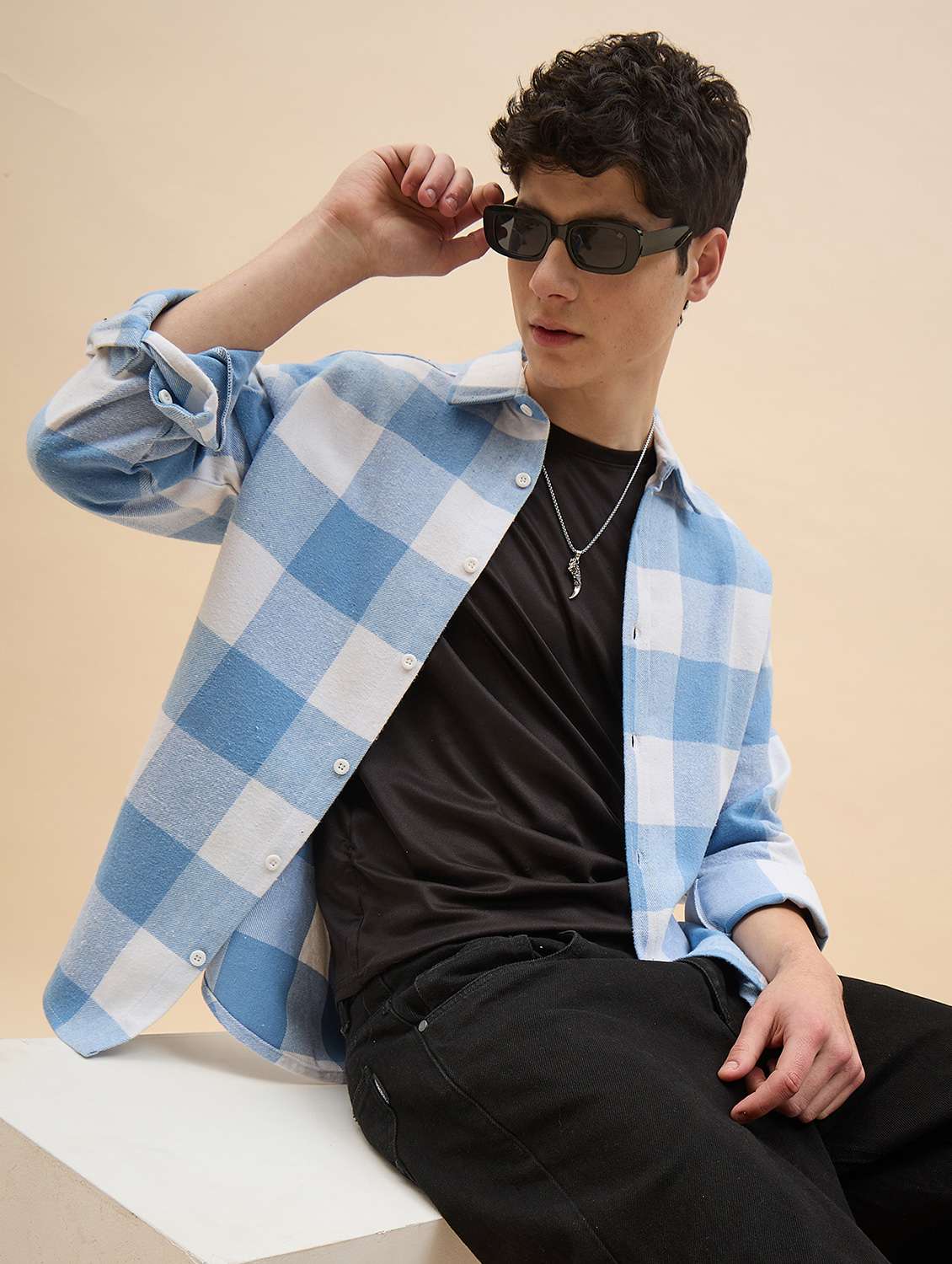 men checkered long sleeve oversized casual shirt