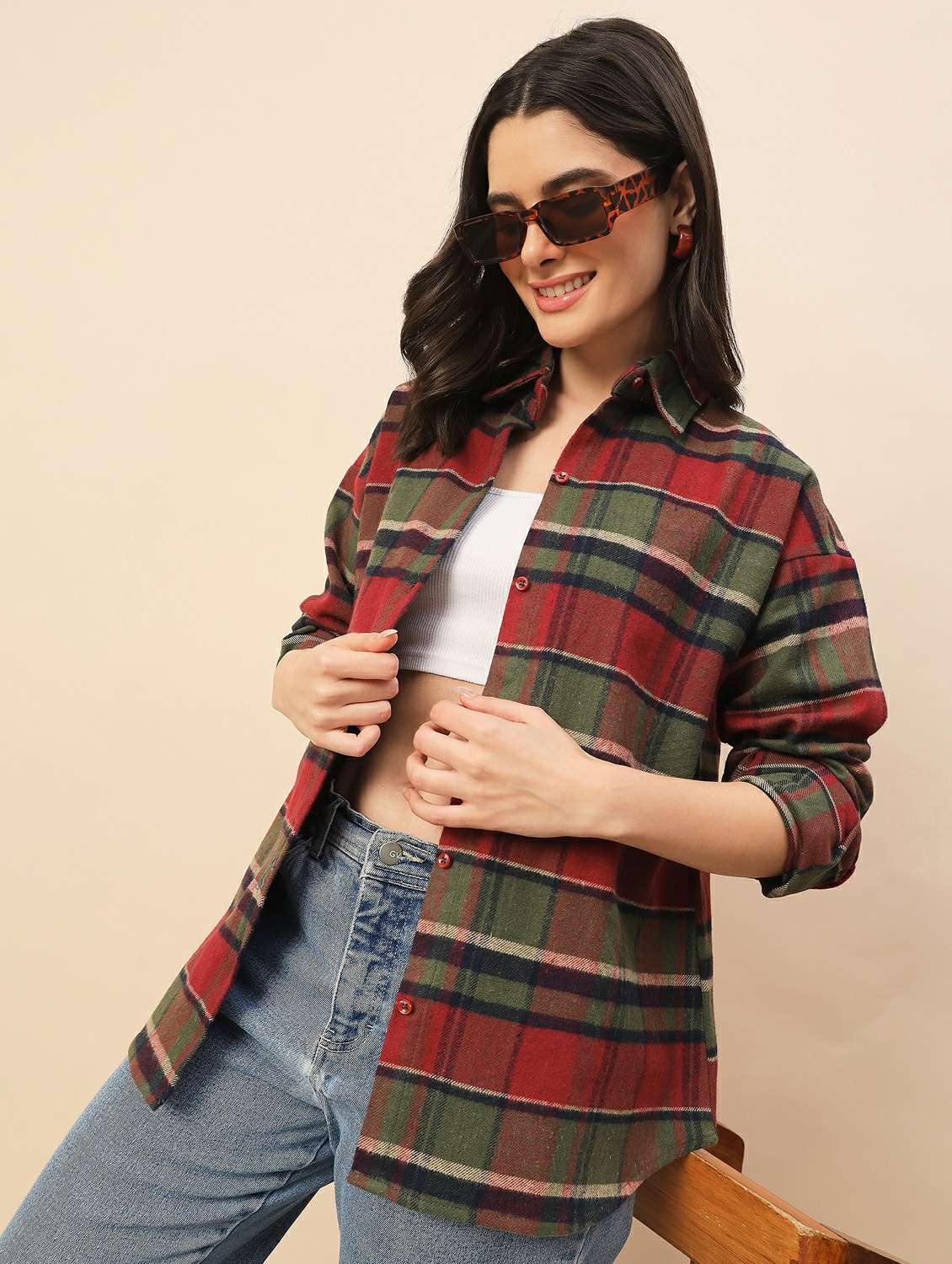 women checkered long sleeve oversized shacket