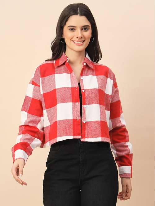 Women Checkered Long Sleeve Cropped Shacket