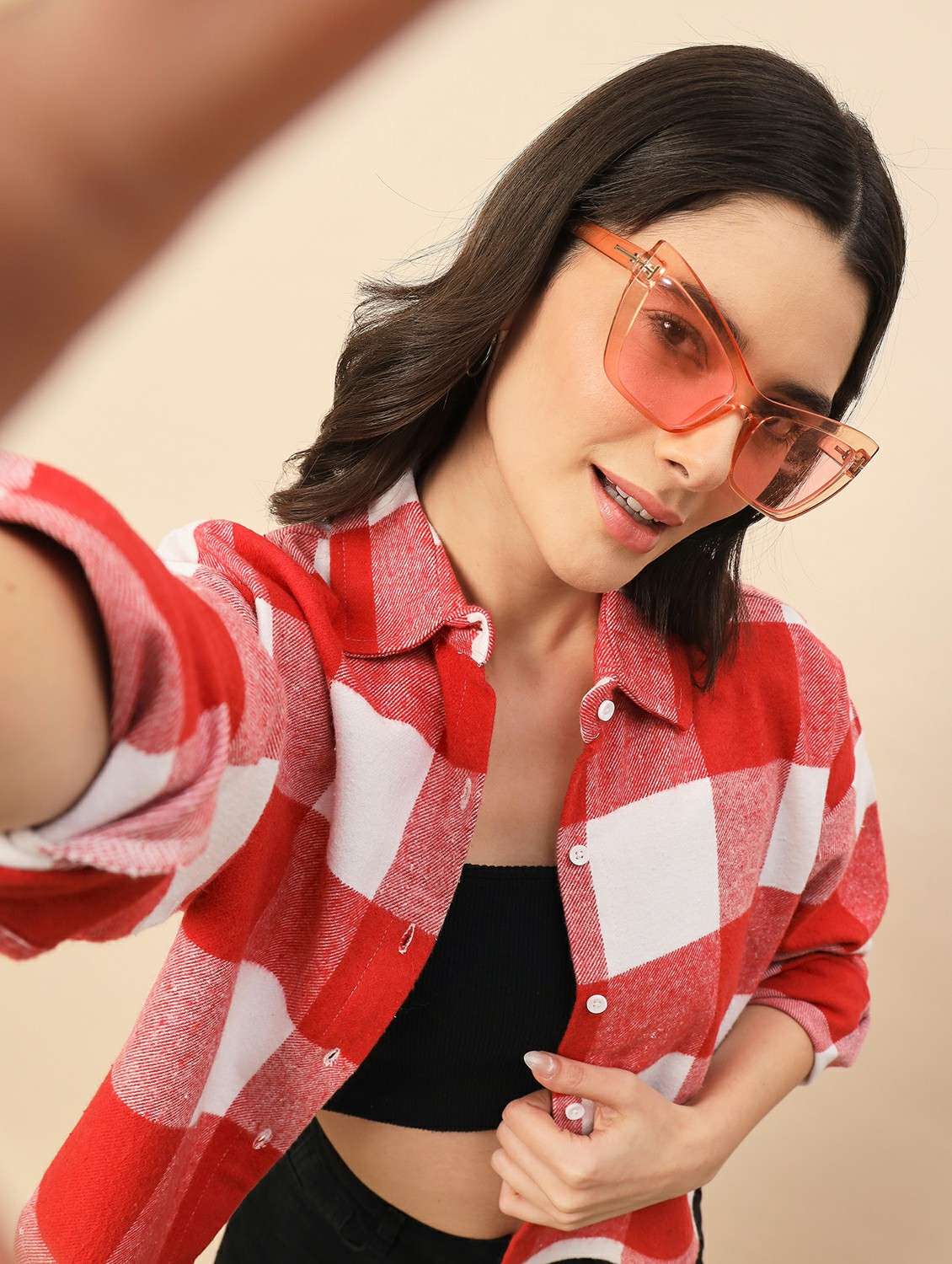 women checkered long sleeve cropped shacket - 22317424 -  Standard Image - 1