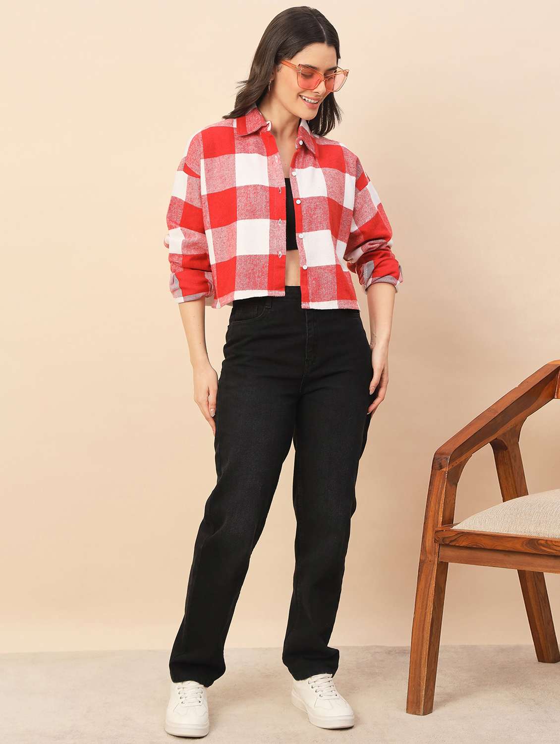 women checkered long sleeve cropped shacket - 22317424 -  Standard Image - 4