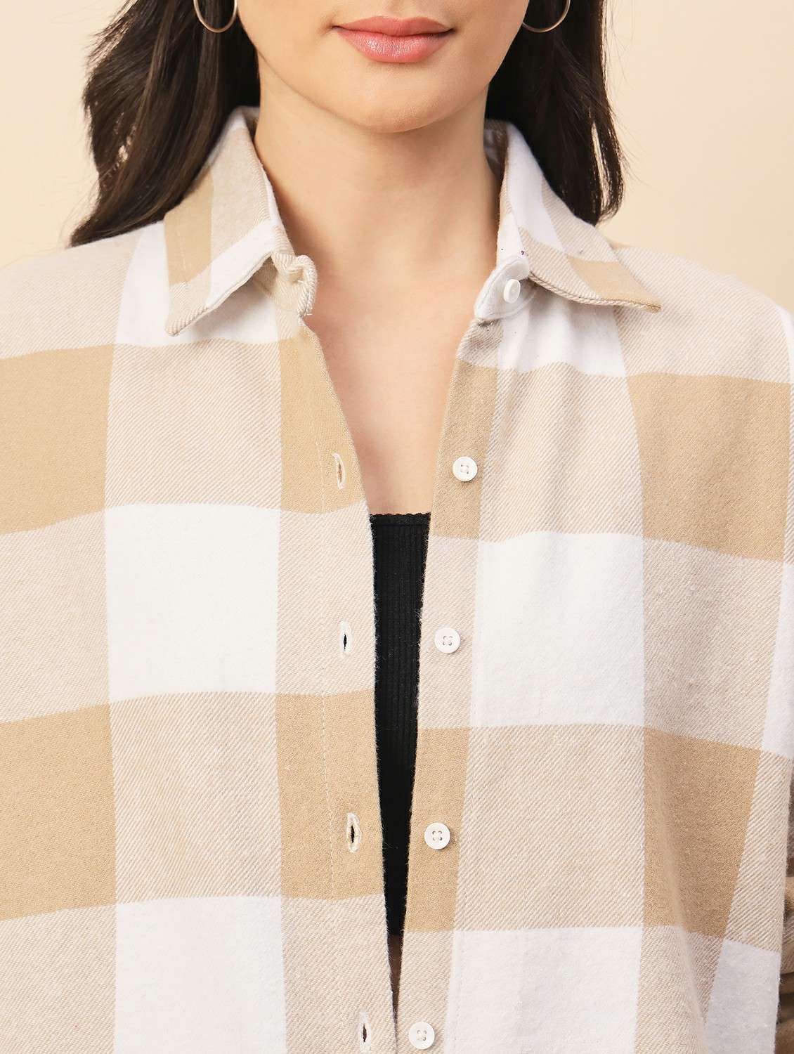women checkered long sleeve cropped shacket - 22317425 -  Standard Image - 1