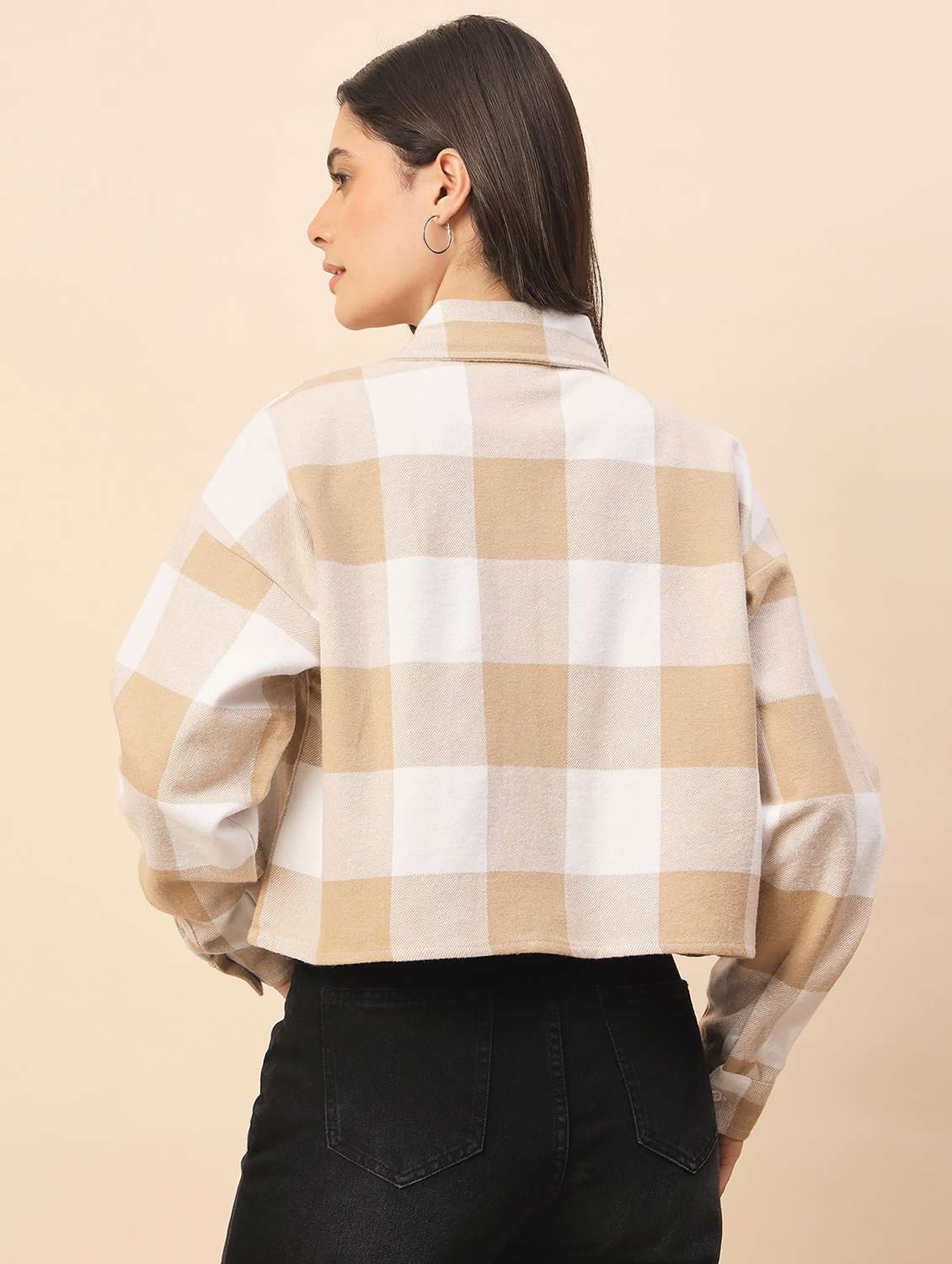 women checkered long sleeve cropped shacket - 22317425 -  Standard Image - 4