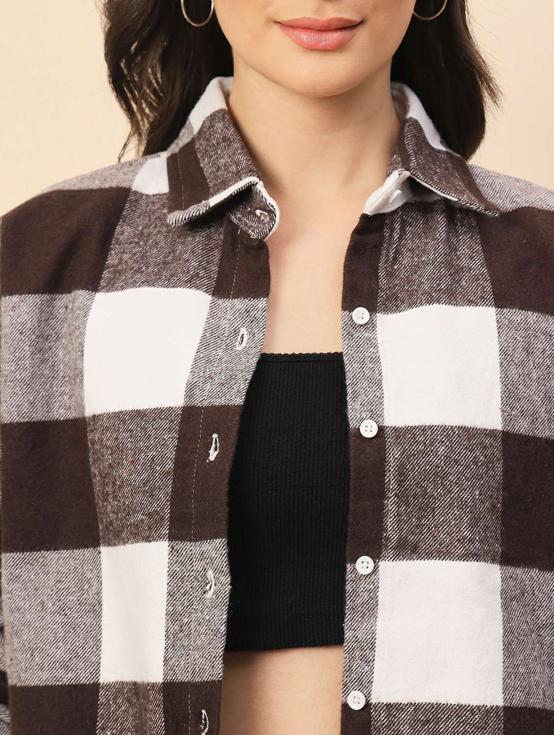 women checkered long sleeve cropped shacket - 22317426 -  Standard Image - 1