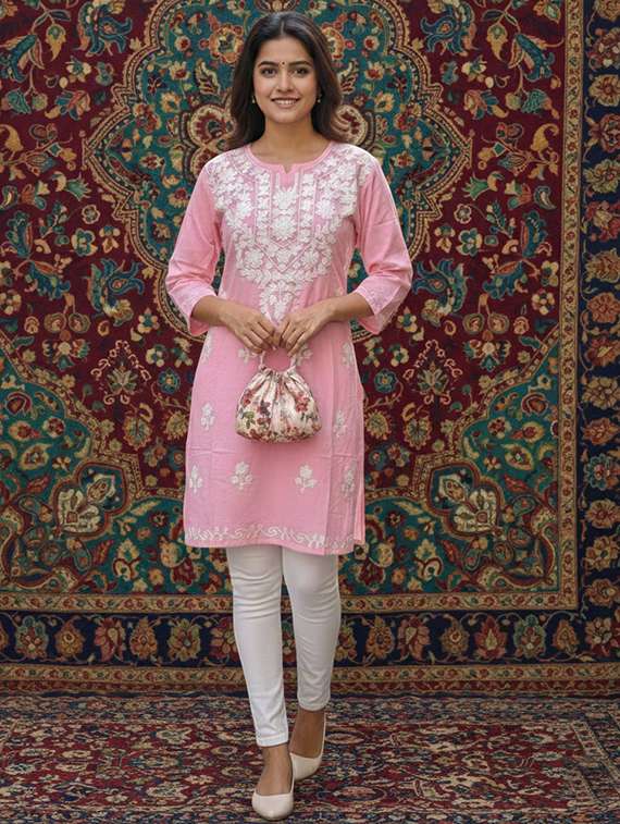 women solid with work three quarter sleeve straight kurta