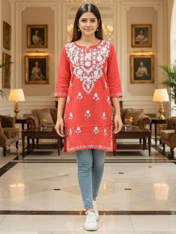 women solid with work three quarter sleeve straight kurta