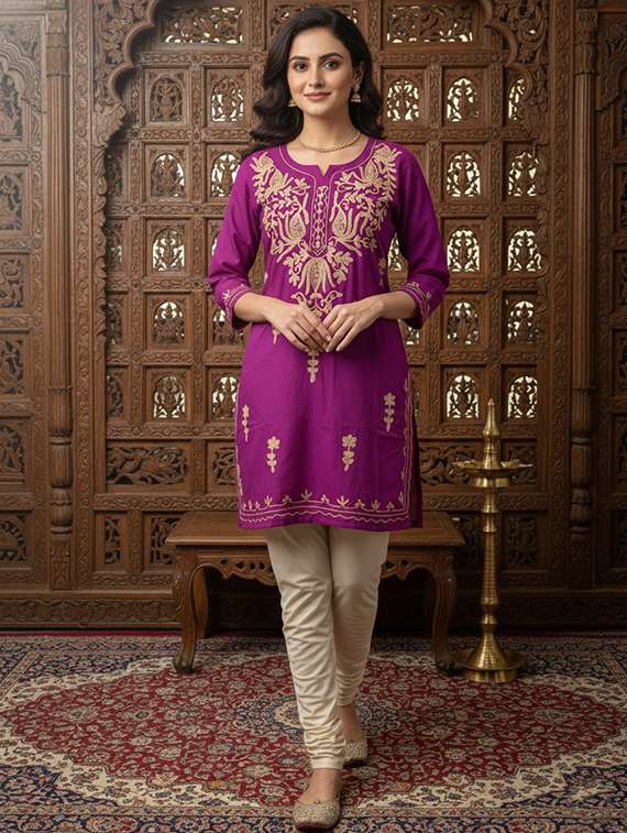 women solid with work three quarter sleeve straight kurta