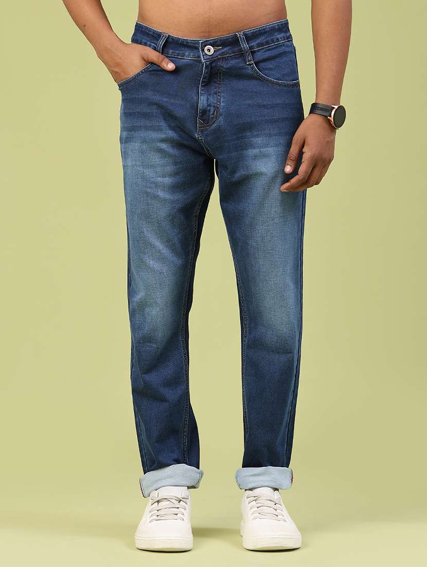 men washed mid rise full length jeans