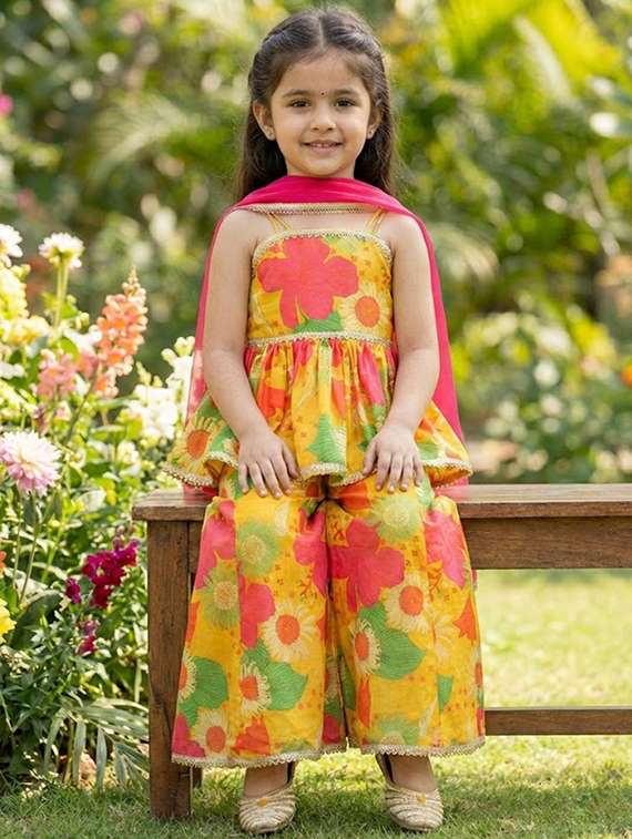 girls printed kurta and palazzo set with dupatta - 22317510 -  Standard Image - 1