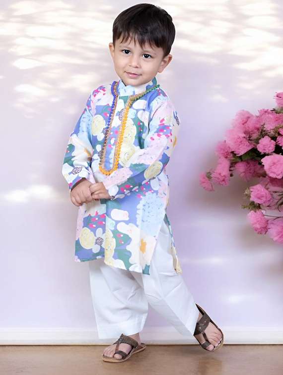 boys printed long sleeve kurta set