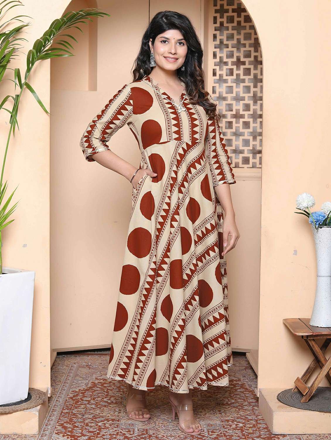 women printed three quarter sleeve anarkali kurta - 22317758 -  Standard Image - 1