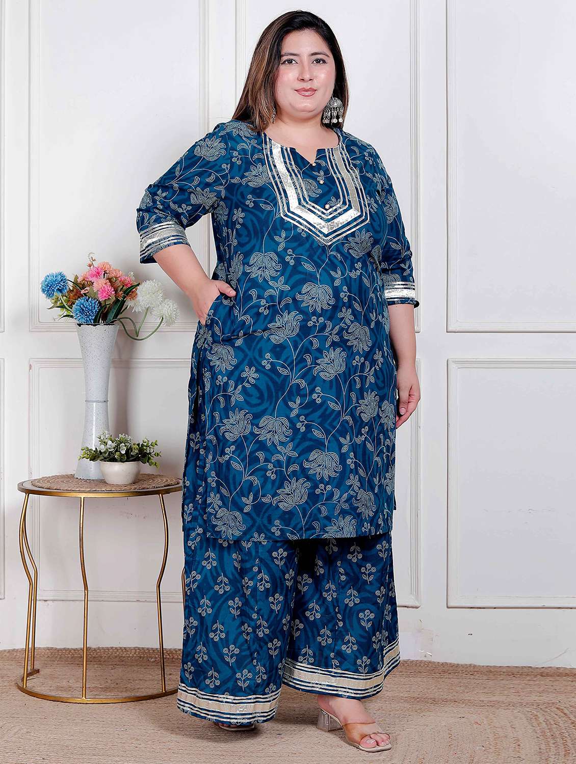 women plus size floral three quarter sleeve kurta palazzo set - 22317760 -  Standard Image - 1