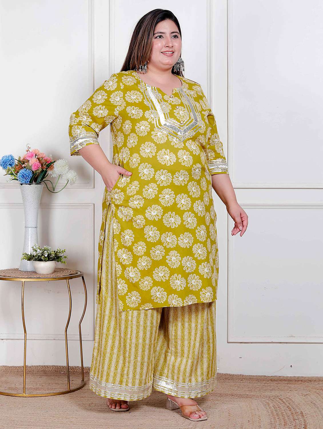 women plus size floral three quarter sleeve kurta palazzo set - 22317764 -  Standard Image - 1