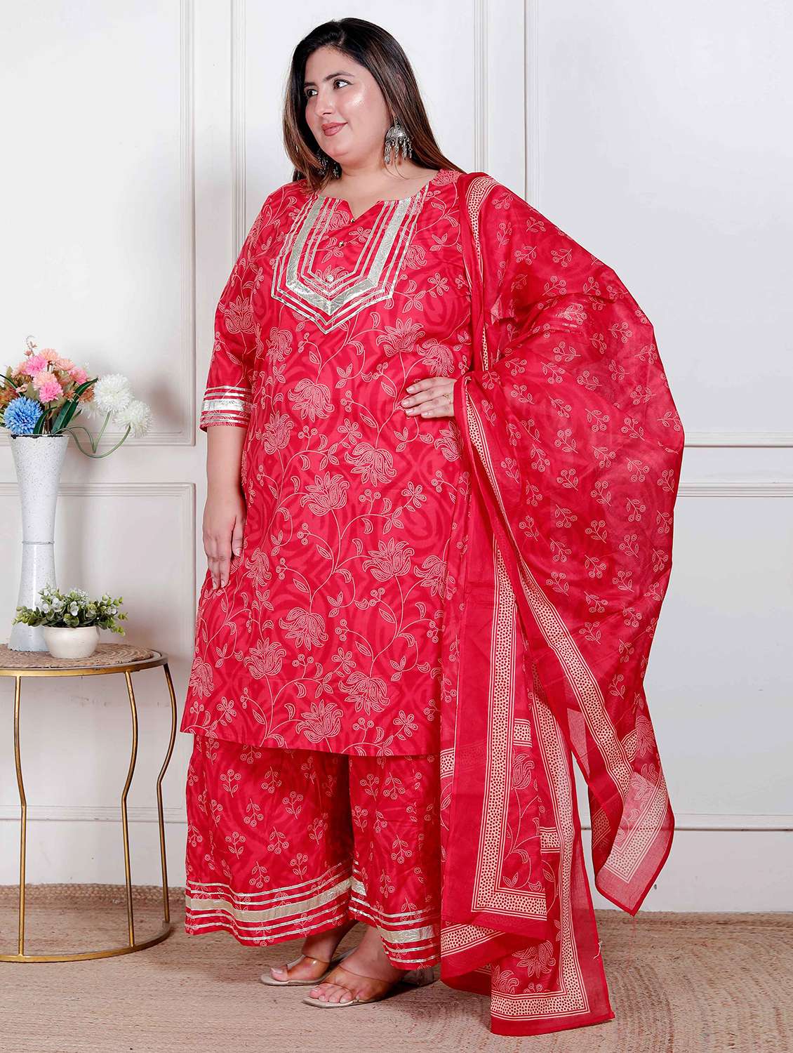 women plus size floral three quarter sleeve kurta palazzo with dupatta set - 22317765 -  Standard Image - 1