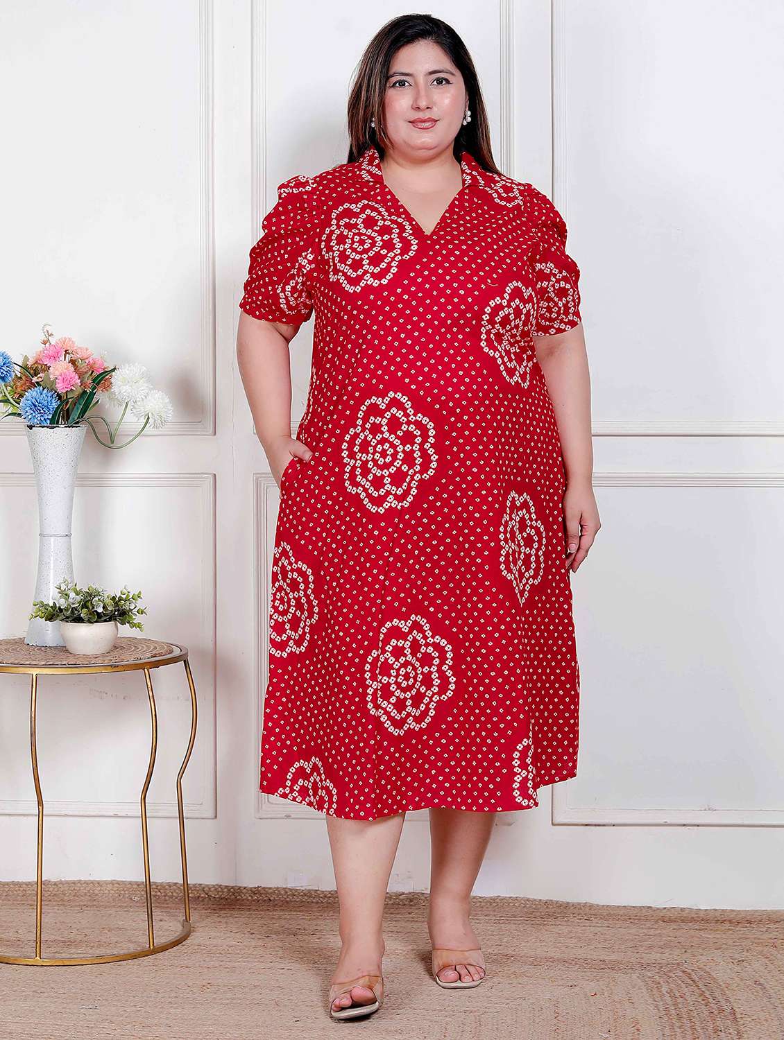 women plus size printed puff sleeve a-line dress