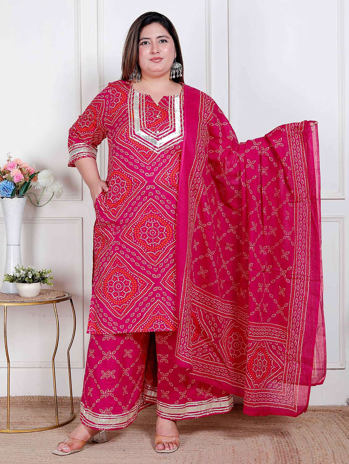 women plus size bandhani three quarter sleeve kurta palazzo with dupatta set