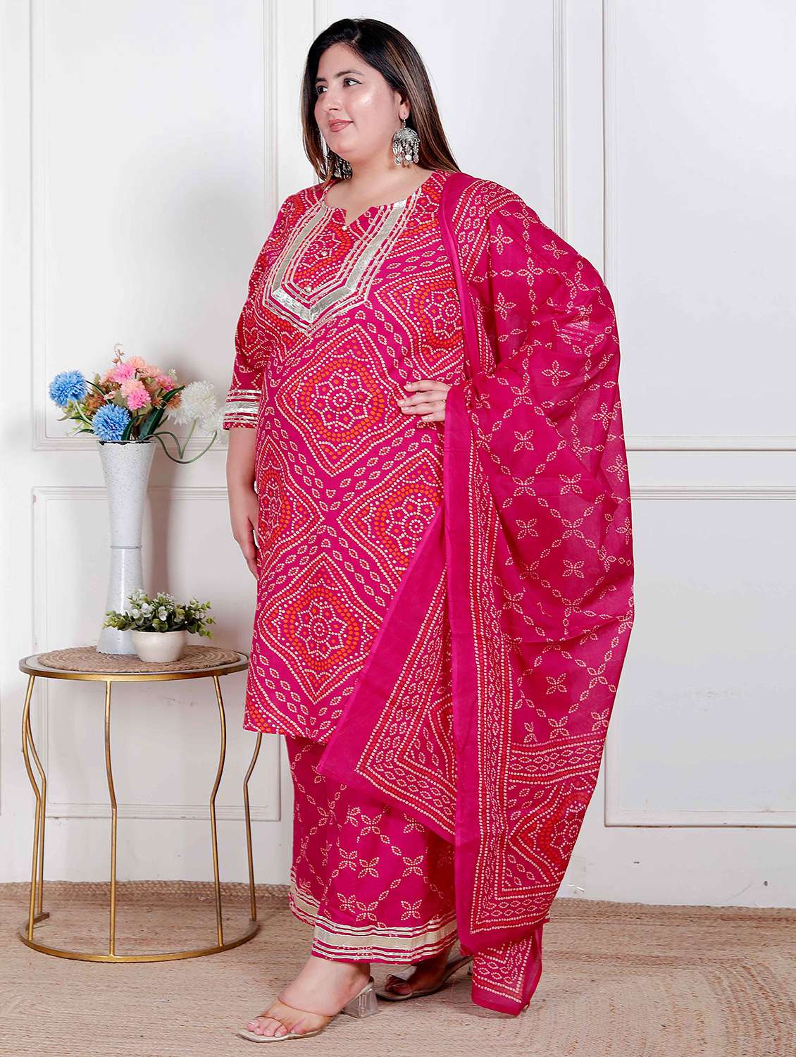 Women Plus Size Bandhani Three Quarter Sleeve Kurta Palazzo With Dupatta Set - 22317768 -  Standard Image - 1